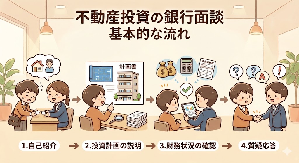 「不動産投資の銀行面談 基本的な流れ」
・1.自己紹介
・2.投資計画の説明
・3.財務状況の確認
・4.質疑応答